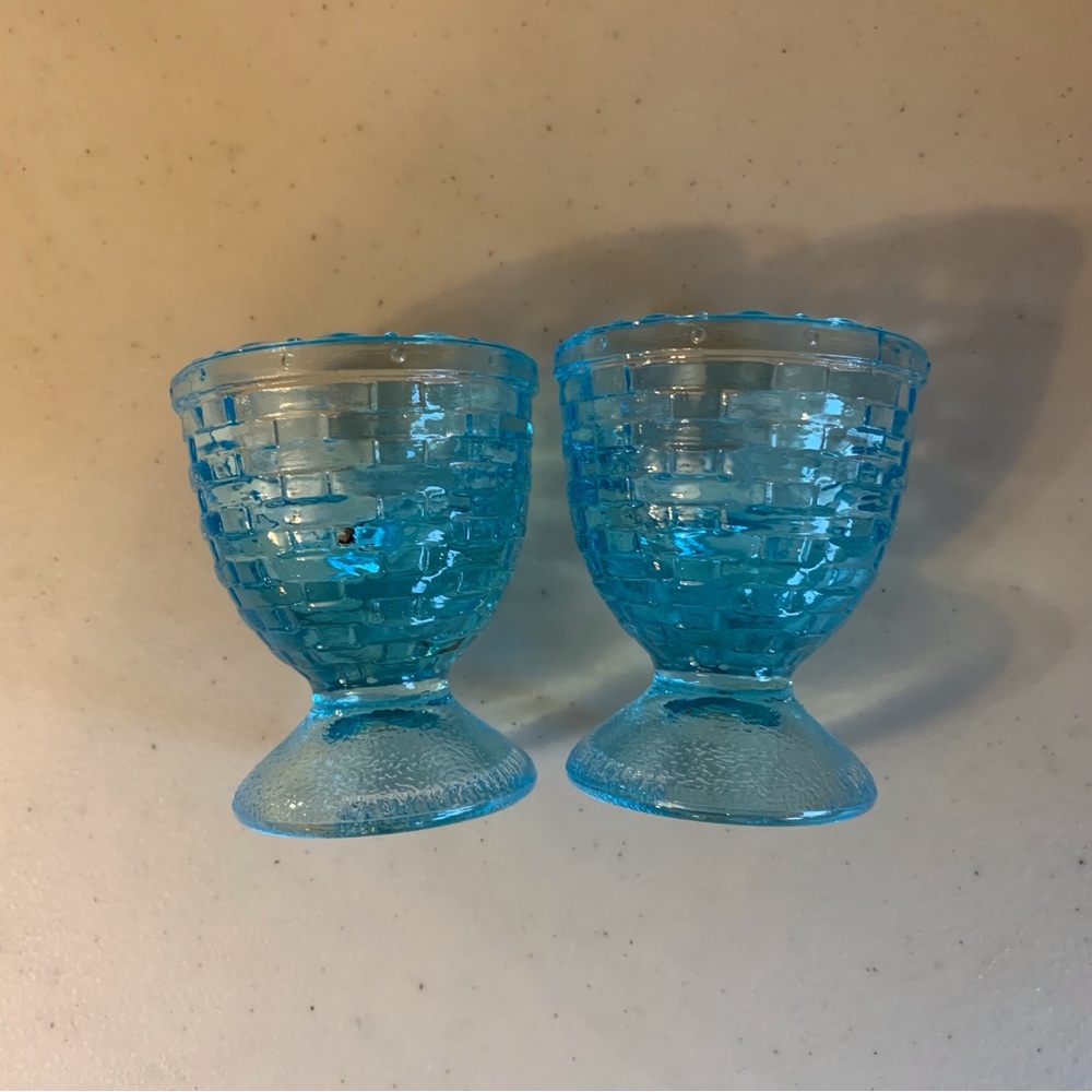 Fenton For Longaberger Egg Cups Blue Basket Weave Pressed Glass 2002